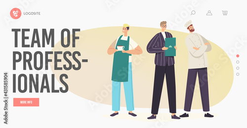 Hospitality Team of Professionals Landing Page Template. Restaurant Staff Characters in Uniform Chef in Toque and Apron