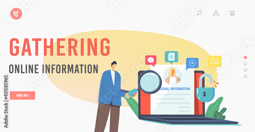 Gathering Online Information Landing Page Template. Doxing, Exploit or Dissemination Result. Character with Magnifier