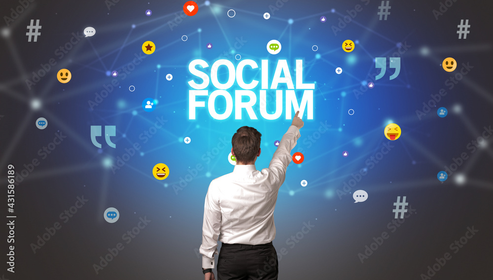 Rear view of a businessman, social media concept Rear view of a businessman, social media concept