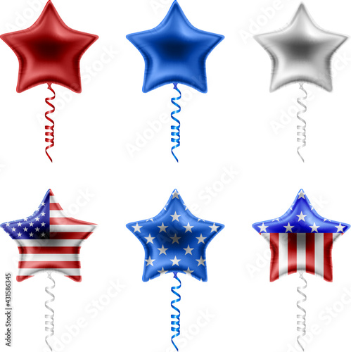 Set of isolated star shaped balloons with american flag colors