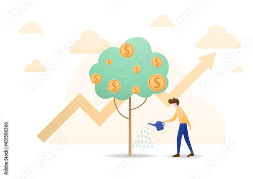 Investment growth vector illustration concept,Man watering money coin tree .