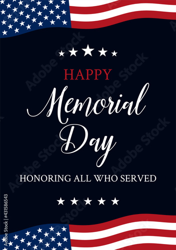 Vector of US Memorial Day celebration background banner or greeting card, with text and USA flag elements.