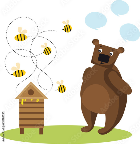 Vector Illustration Bear Beekeeper with Honey Pot , Bees Cute Cartoon vector