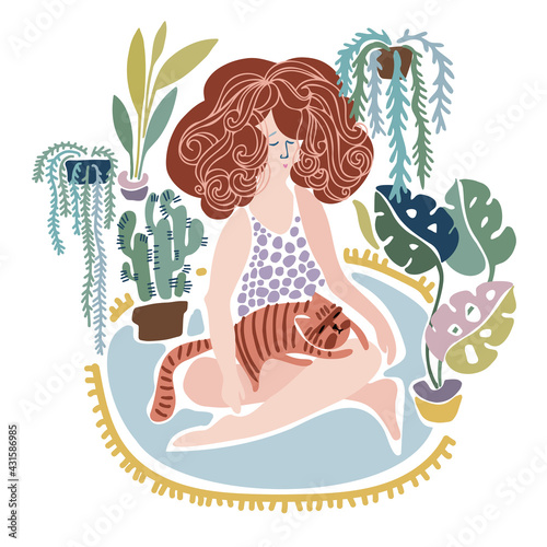 Vector illustration of a melancholic red-haired girl playing with a cat in a room with plants