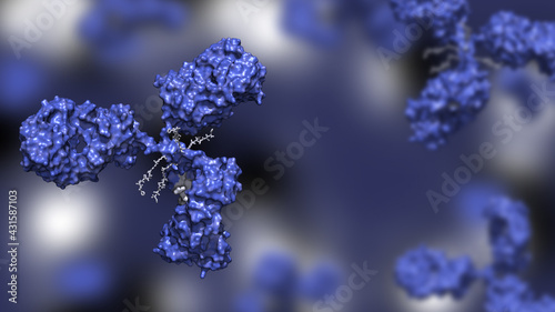 Antibody drug conjugate in blue with four drug compounds linked to IgG immunoglobulin; ADC in blue against blue background 3d render photo