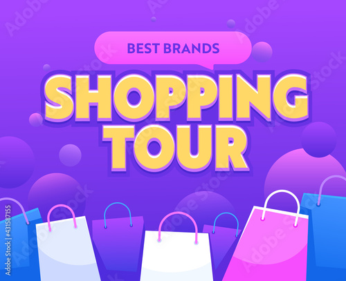Shopping Tour Banner with Paper Bags. Best Brands Sale Travel, Advertising for Total Clearance Promotion, Stock Discount