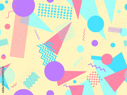 Memphis seamless pattern. Geometric elements memphis in the style of 80's. Trendy retro background for printing on paper, advertising materials and fabric. Vector illustration