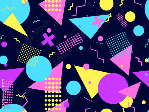 Memphis seamless pattern. Geometric elements memphis in the style of 80's. Trendy retro background for printing on paper, advertising materials and fabric. Vector illustration