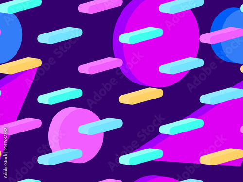 Memphis seamless pattern with 3d isometric geometric shapes in the style of the 80s. Background for promotional products  wrapping paper and printing. Vector illustration