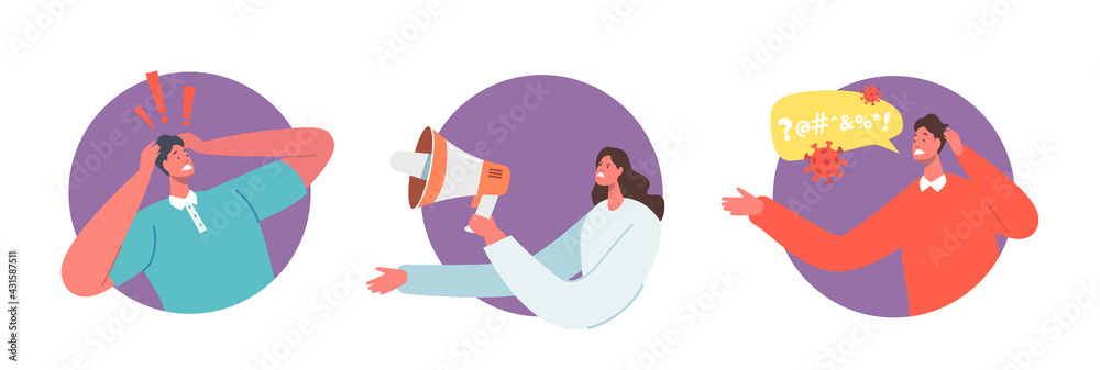 Set Negative News, Panic, Disaster Concept. Stressed Male Character Holding Head, Tv Presenter Broadcasting Bad Newsfeed Set Negative News, Panic, Disaster Concept. Stressed Male Character Holding Head, Tv Presenter Broadcasting Bad Newsfeed