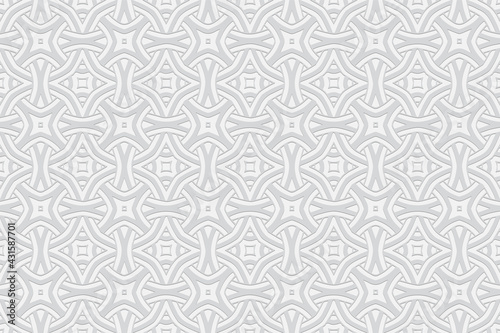 3d volumetric convex geometric white background. Ethnic embossed islamic, moroccan, arabic pattern. Beautiful original decorative doodling style. Ornament for wallpaper, stained glass, presentations, 