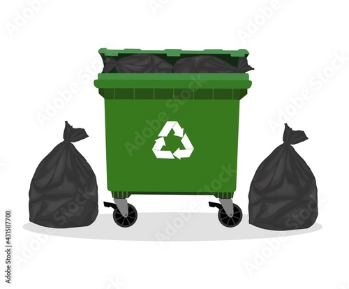 Street trash can filled with waste bags. Flat vector illustration.