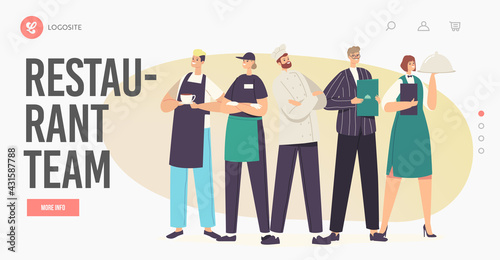 Restaurant Team Landing Page Template. Characters in Uniform Demonstrating Menu. Cafe or Cafeteria Staff Hospitality