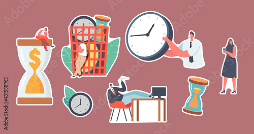 Set of Stickers Characters Wasting Time and Money Concept. Procrastinating Businesspeople, Employee Sitting at Workplace
