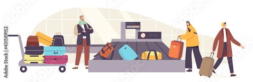 Baggage Claim in Airport Belt. Tourists Male and Female Characters Taking Luggage in Carousel Area after Airplane Flight