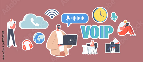 Set of Stickers VOIP Technology, Voice over IP Concept. Characters Use Telephony, Telecommunication System via Cloud