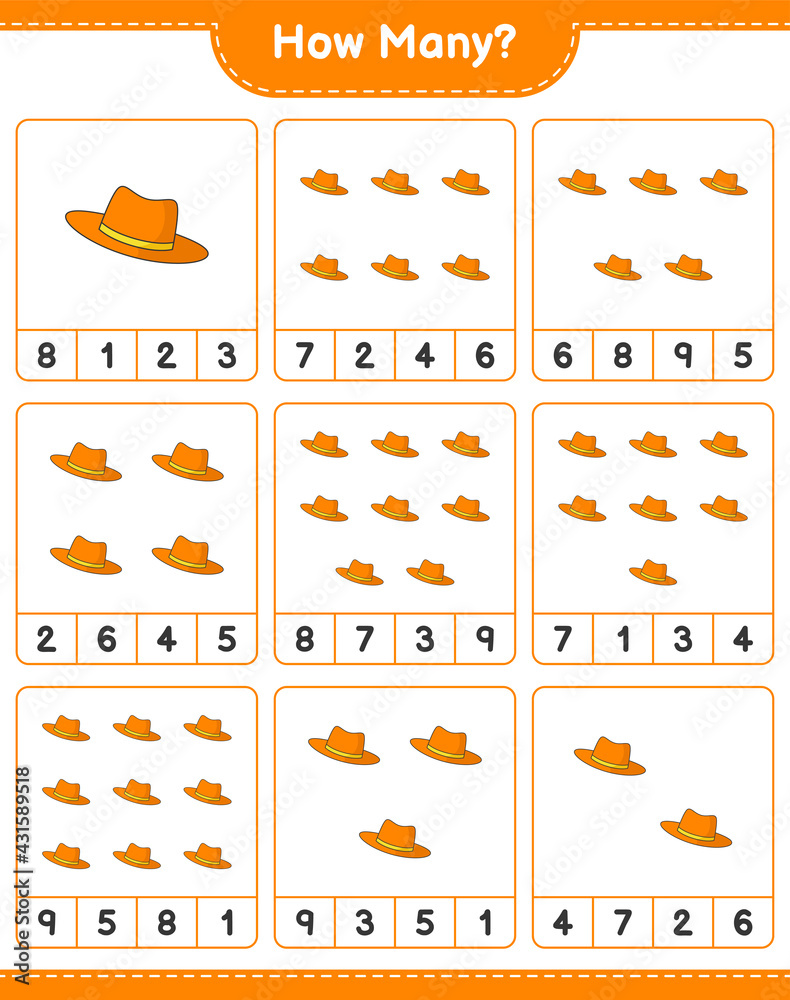 Counting game, how many Summer Hat. Educational children game, printable worksheet, vector illustration