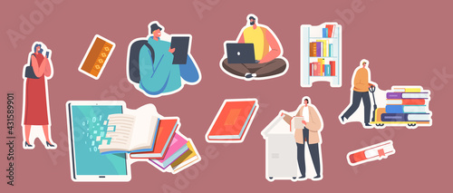 Set of Stickers Books Digitization. Librarians Scanning Pages Converting Information into Digital Version on Computer