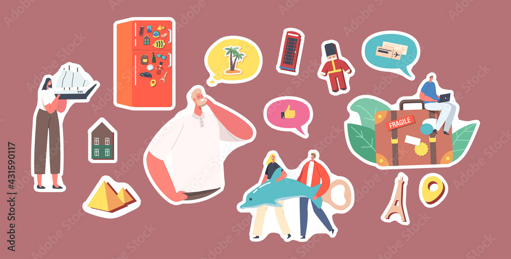 Set Stickers Characters Collect Magnet Souvenirs after Visiting Countries put on Refrigerator Door. People Save Memory Set Stickers Characters Collect Magnet Souvenirs after Visiting Countries put on Refrigerator Door. People Save Memory