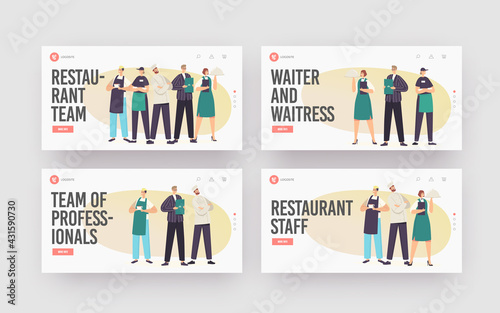 Restaurant Team Landing Page Template Set. Characters in Uniform Demonstrating Menu. Cafeteria Staff Hospitality photo