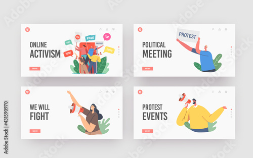 Online Activism, Digital Protest Landing Page Template Set. People on Huge Smartphone Screen Protesting with Placards