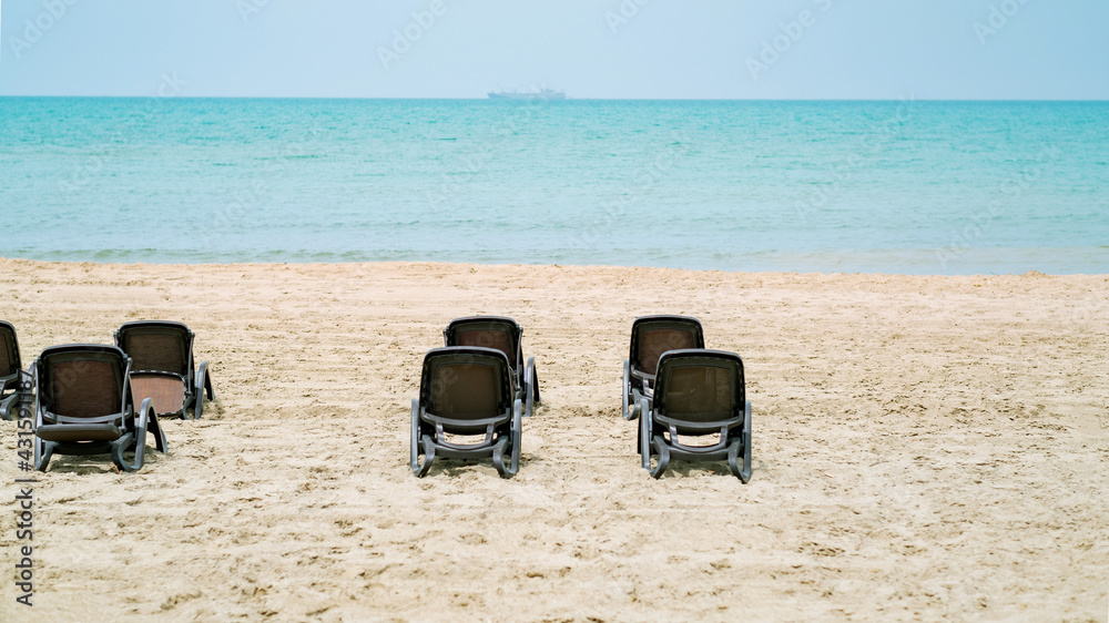Sunbeds at the beach of Durres on Albania Sunbeds at the beach of Durres on Albania