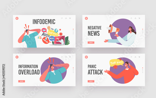 Infodemic Landing Page Template Set . Negative News, Panic, Disaster. Stressed Character Hold Head Looking on Screen