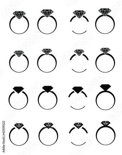 Wedding rings set, silhouette engagement rings vector EPS 10. Outline set icons.