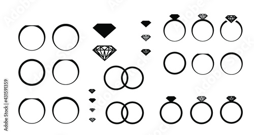 Wedding rings set, silhouette of paired rings vector EPS 10. Outline set icons.