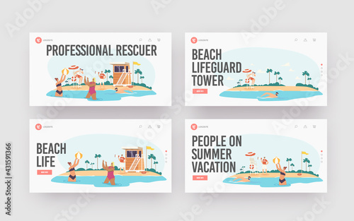 Professional Rescuer Landing Page Template Set. Characters Relax on Sea Coastline with Beach Lifeguard Tower, Caution
