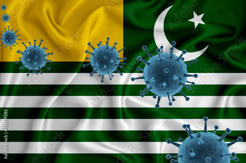 azad kashmir flag. Blue viral cells, pandemic influenza virus epidemic infection, coronavirus, infection concept. 3d-rendering. photo