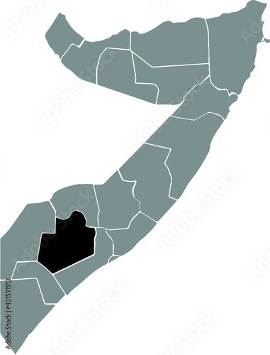 Black highlighted location map of the Somali Bay region inside gray map of the Federal Republic of Somalia