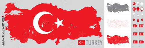 Turkey vector map with flag, globe and icons on white background photo