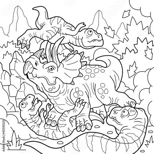 cartoon prehistoric dinosaur fight, coloring book, outline illustration
