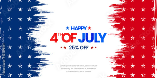 Happy 4th of July modern trendy design with the sale, off, discount, offer 3d star lettering, typography design on red and blue grunge, vintage American background.