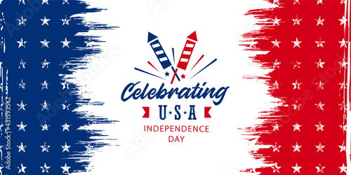 Celebrating 4th of July independence day modern contemporary design with fireworks on red and blue grunge, vintage American background with stars for sale banner, discount banner etc.