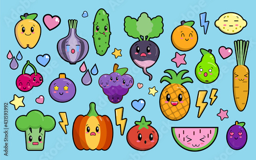 Set of colorful images of cute kawaii vegetables and fruits. Isolated elements on blue background, flat style objects for design. Funny food, characters for children, vector illustration EPS