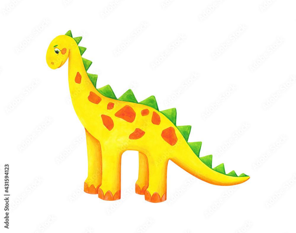 Yellow dinosaur clip art isolated on white background. Watercolor cute dino illustration. Diplodocus clipart.