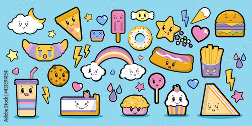 Fashion patch badges sweets with eyes in kawaii style elements on blue background, flat style objects for design. Funny food, characters for children, vector illustration EPS