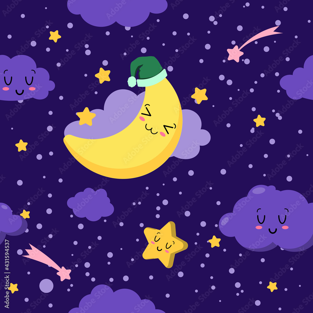Good night seamless pattern. Stars, moon, clouds vector cover. Soft good  night. Cartoon Funny Graphic EPS Stock Vector | Adobe Stock