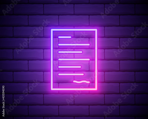 Neon lights autograph. Vivid illustration of the signature. Modern vector logo, banner, shield, drawing personal signature. Night advertising on the background of a brick wall