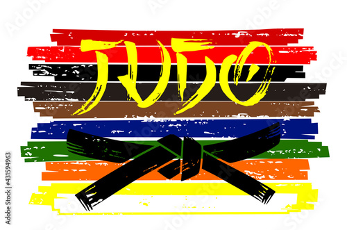 Vector grunge flag of judo belts.White,yellow,orange,green,blue,brown,black,red colors.T shirt print design,cups,mugs,textile,covers,posters,clothes,emblems.Vinyl wall sticker decal.Sport.Wrestling.