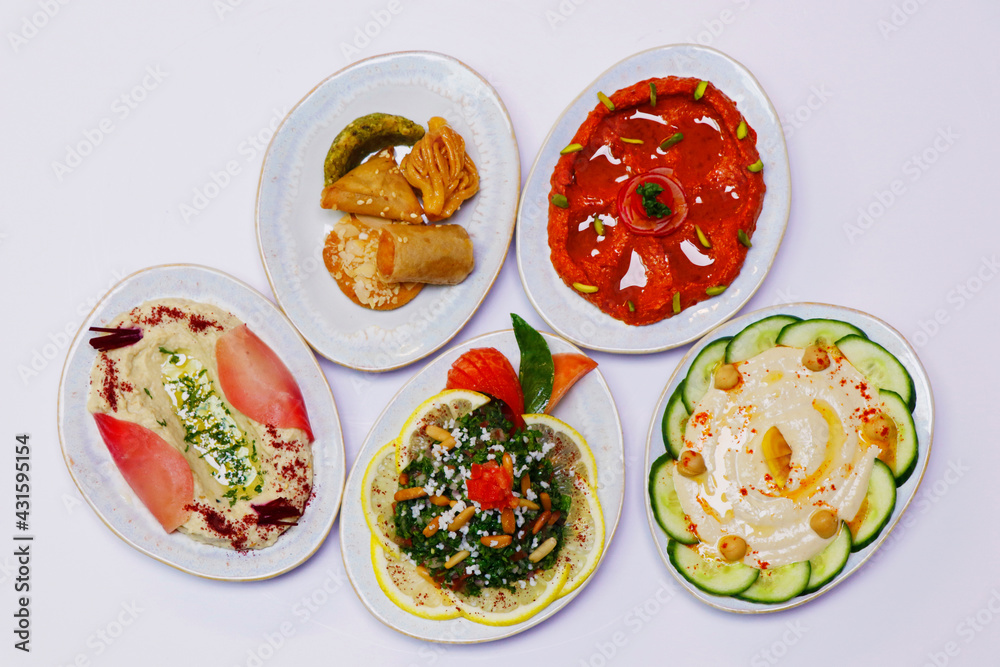 libanese food mezze, arabic food includes hummus, muhammara, moutabal, taboule and vine leaves. libanese food mezze, arabic food includes hummus, muhammara, moutabal, taboule and vine leaves.