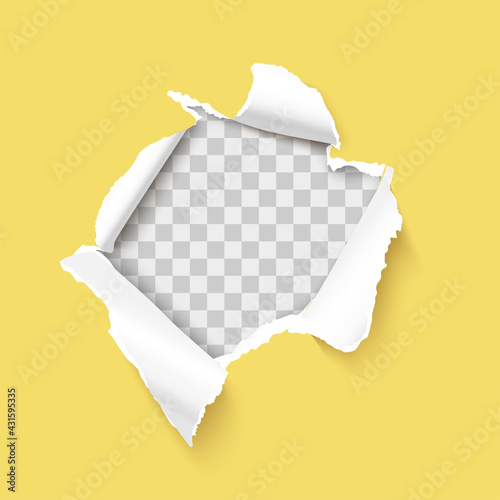 Torn paper hole with paper curl and ripped edges over transparent background realistic vector illustration