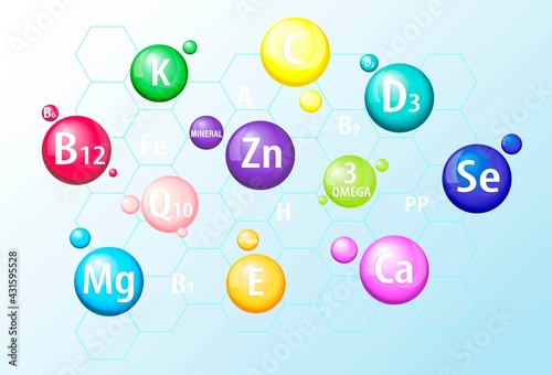 Vitamins, minerals A, B12, C, D3, E, selenium, calcium, magnesium, zinc. Set of 3d icons. Capsules, vitamin complex. The concept of a healthy lifestyle, nutrition. Collection of round signs. Vector .