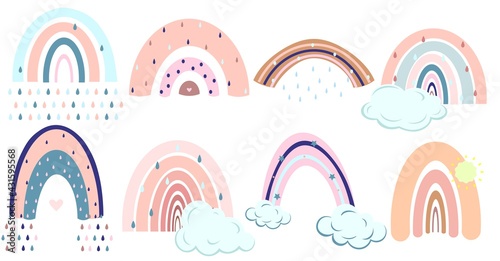 Set of rainbows with drops and clouds.Cute vector pastel elements. Design for logos. Home decoration. Cartoon, childish image. Scandinavian style. Rainbow printable shapes.