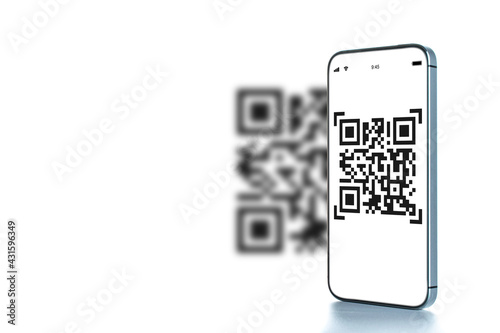 Qr code payment. Digital mobile smart phone with qr code scanner on smartphone screen for payment pay, scan barcode technology. Online shopping, cashless society technology concept.