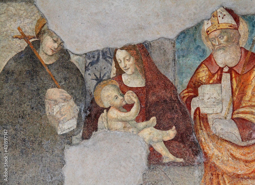 Madonna in trono con Bambino tra i santi Antonio e Agostino; particolare di affresco nella chiesa di San Cristoforo sul Naviglio Grande, Milano photo