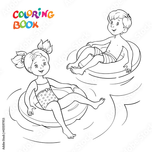 Coloring book or page. Happy children swim on rubber rings in the water