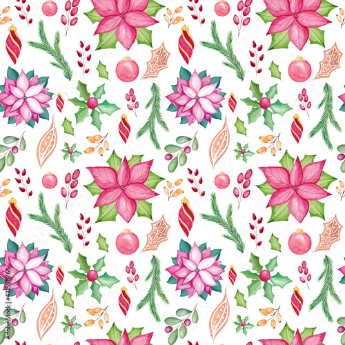 Watercolor Christmas seamless pattern with watercolor traditional seasonal elements.
